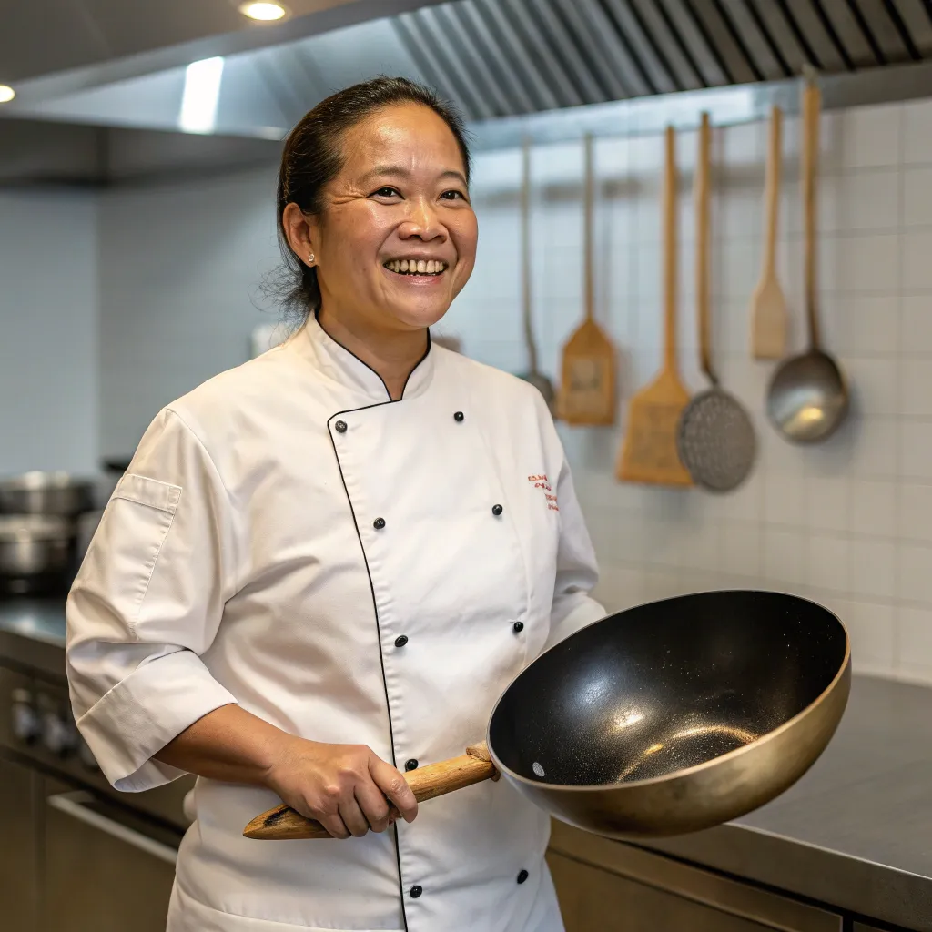 Chef Joyce smiling with a wok