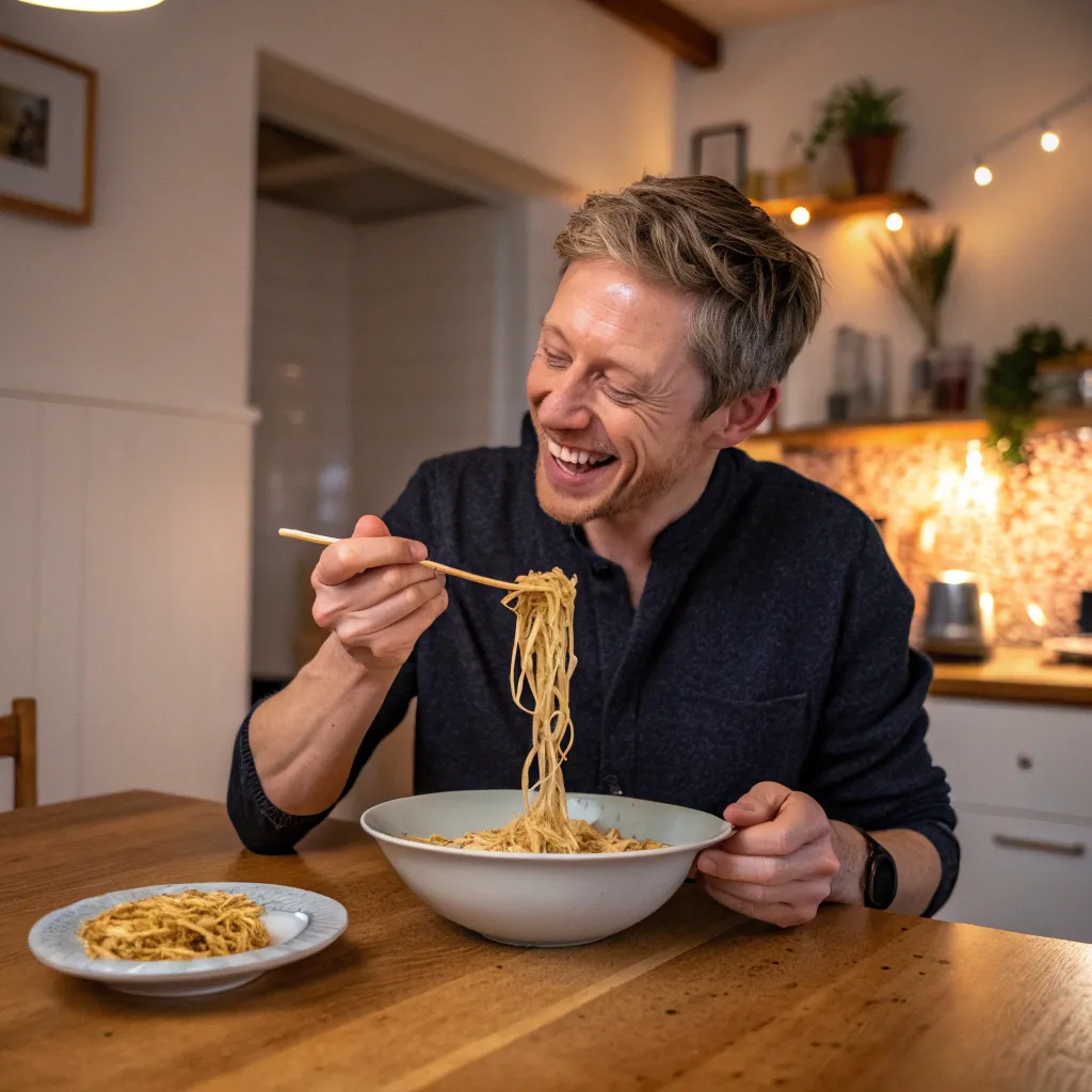 Michael enjoying homemade noodles