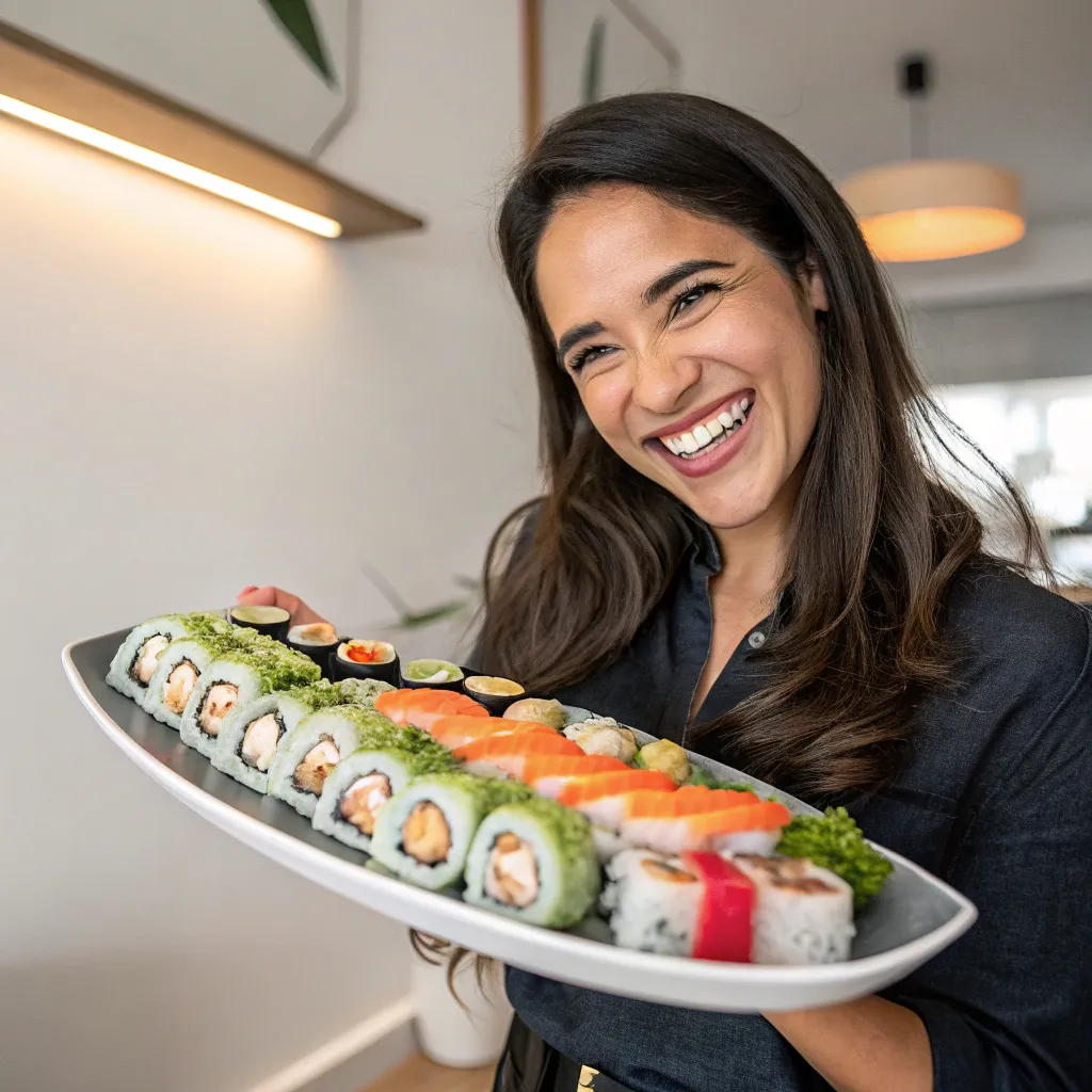 Rachel happily holding a sushi dish